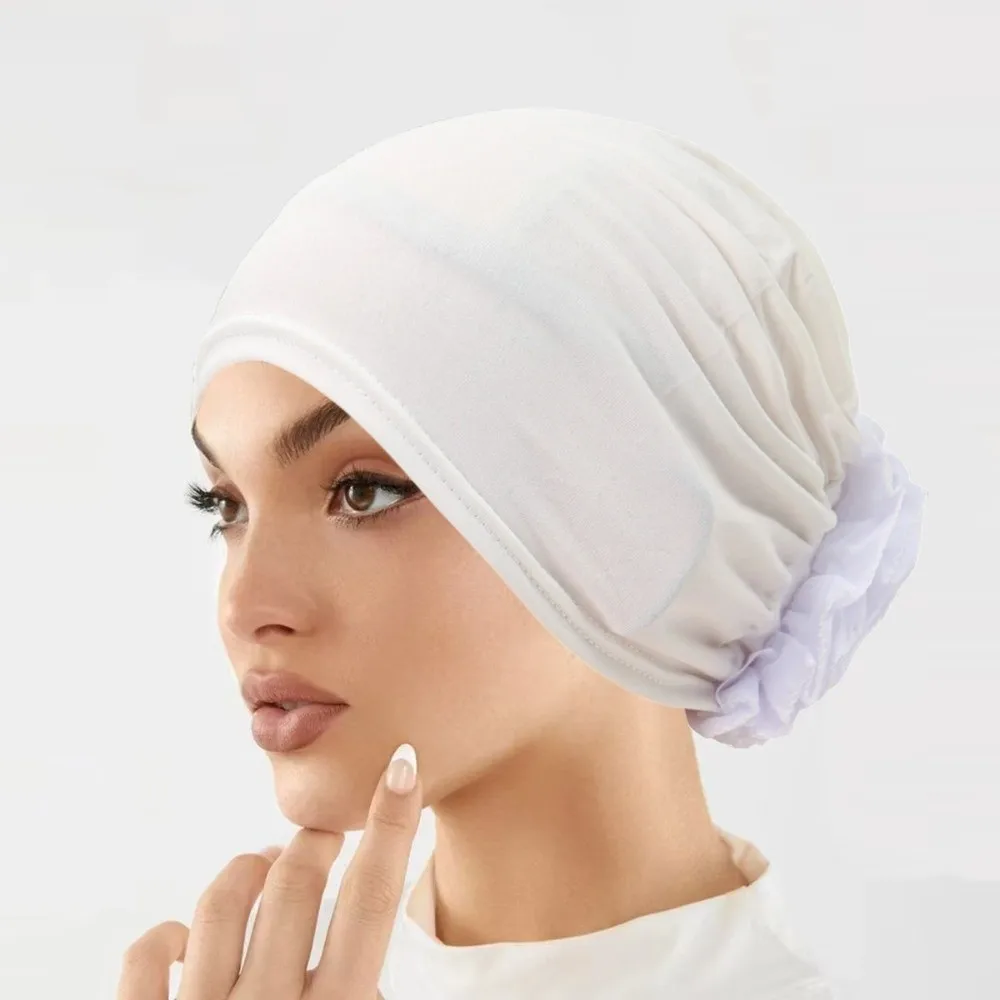 Fashion Vintage Hijab Caps Wrap Style Elastic Flower Turban Hat Breathable Soft Polyester Islamic Headband Hair Loss