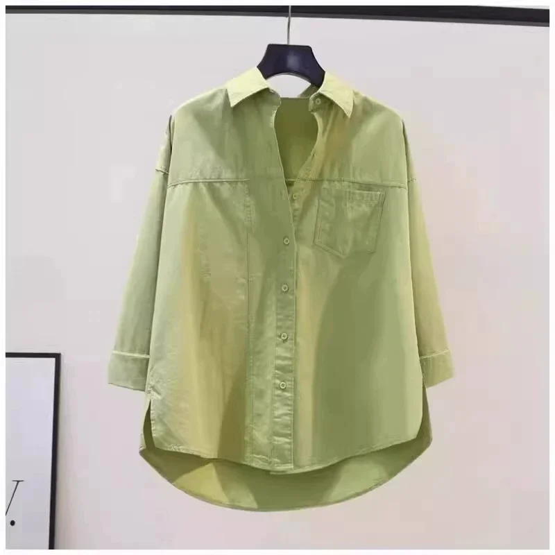 Camisa Oversize Verde Lima para Mujer, Primavera 2026, Manga 3/4, Blusa Holgada Casual con Botones, Elegante y Chic, Estilo Y2K, para el Trabajo