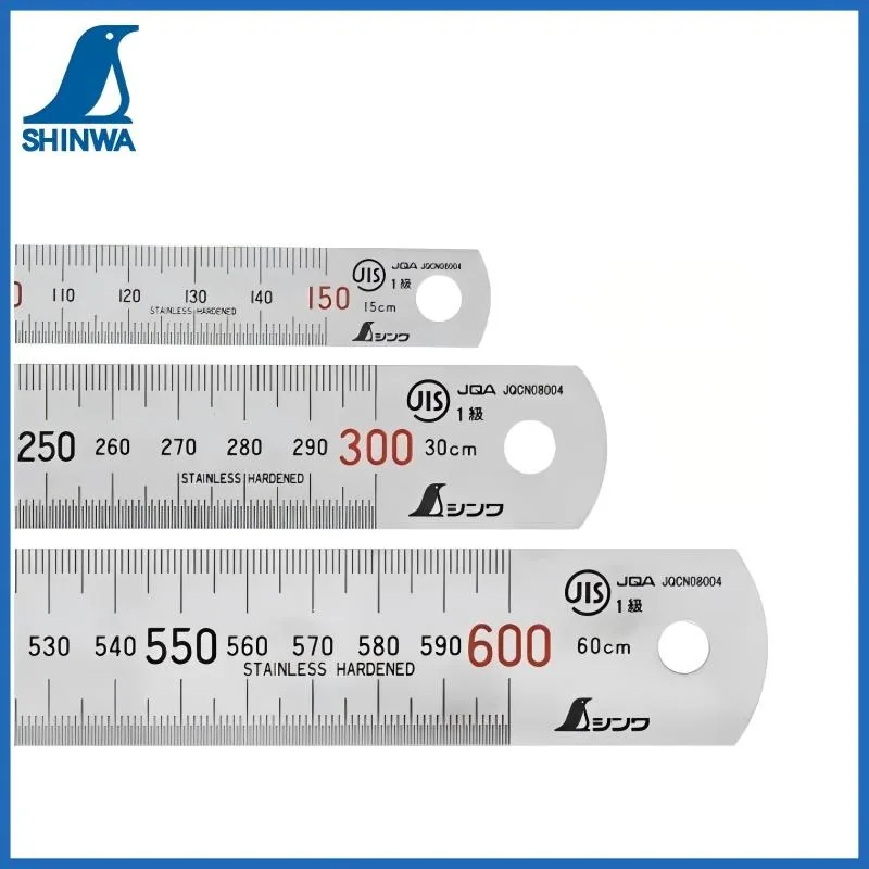 Régua de Aço Inoxidável SHINWA 15/30/60cm (21573~21575) - Classe JIS 1, Reforçada, Escala Gravada, Ferramenta de Precisão para DIY/Oficina