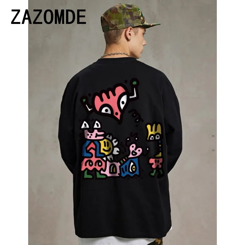 ZAZOMDE T-shirt For Men Autumn Clothing Long Sleeve T-shirts Loose Daily Cartoon Print Oversized CottonT Shirt Tops Casual Tees