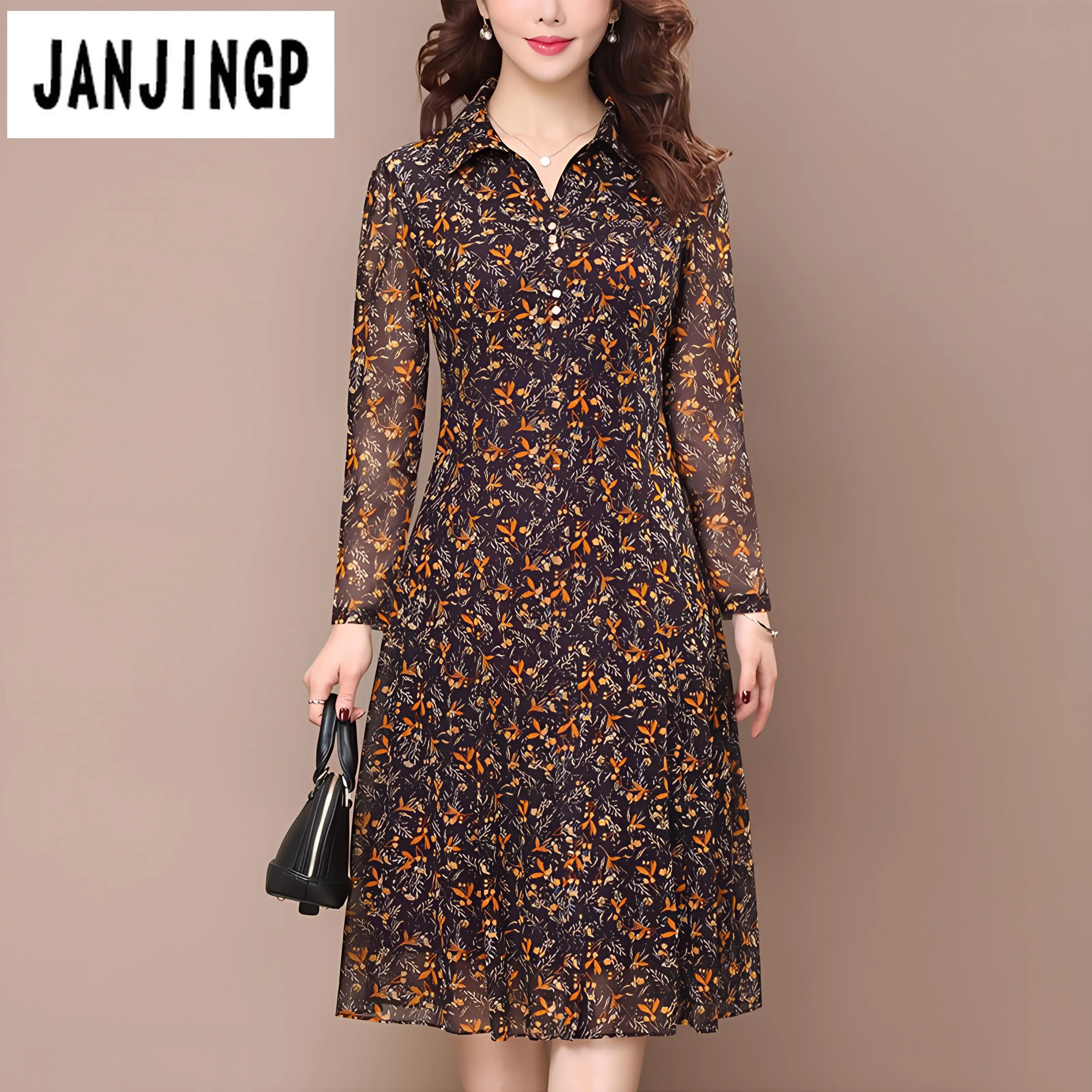 

Long Sleeve Dress Women Floral Print Elegant Turndown Collar Summer Female Clothing Slim All-match Casual Button Midi Dress Robe