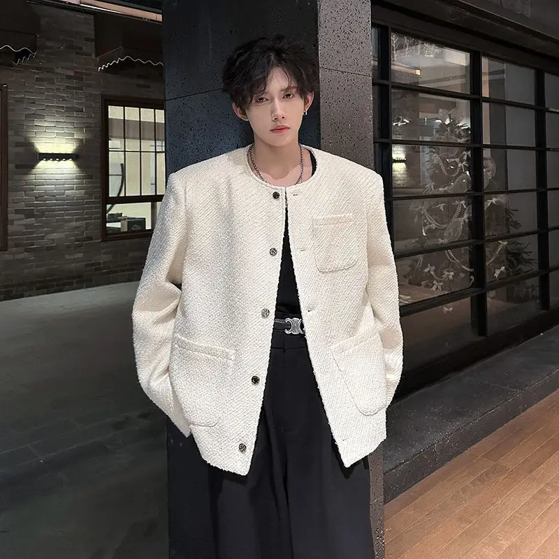 Fashionable Pad Shoulder No Collar Design Men's Suit Jacket Spring Autumn Loose Knitted Outerwear Luxury Style Youth Trend