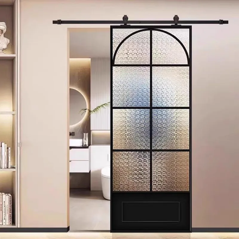 

Double Door Vintage French Glass Door Barn Narrow Edge Kitchen Study Hanging Rail Glass Curved Sliding