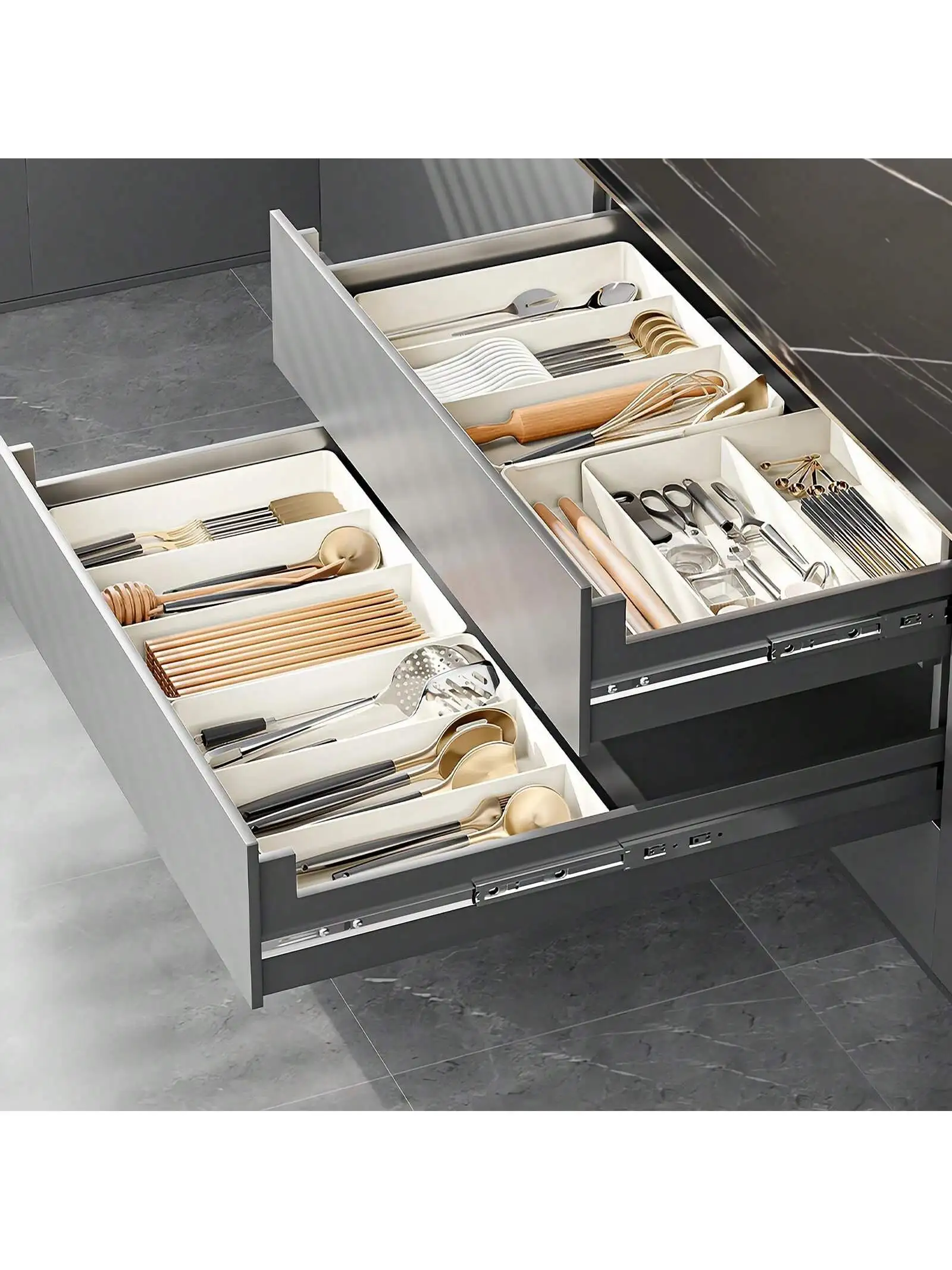 

Раздвижной ящик для хранения для кухни с встроенным раздвижным органайзером для посуды