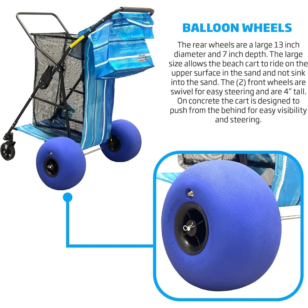 Heavy-Duty Folding Beach Cart with Sand Wheels, Holds 4 Chairs, Umbrella Holder, Ocean Utility, 13 x 7 Deluxe Beach Equipment