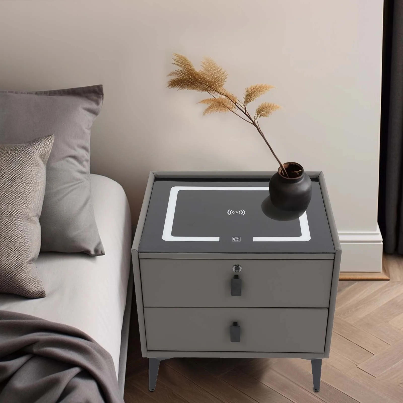 Bluetooth Speaker Smart Bedside Table, Bedside Table with Drawers, with Light USB& Wireless Charging