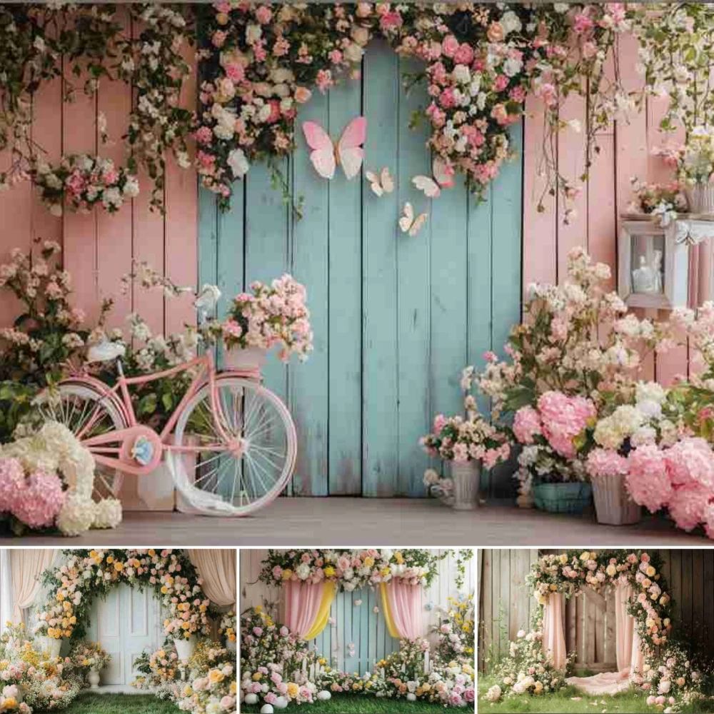 

Spring Pink Flowers Photography Background Wood Board Door Floral Butterfly Bicycle Baby Birthday Party Wedding Backdrop Decor