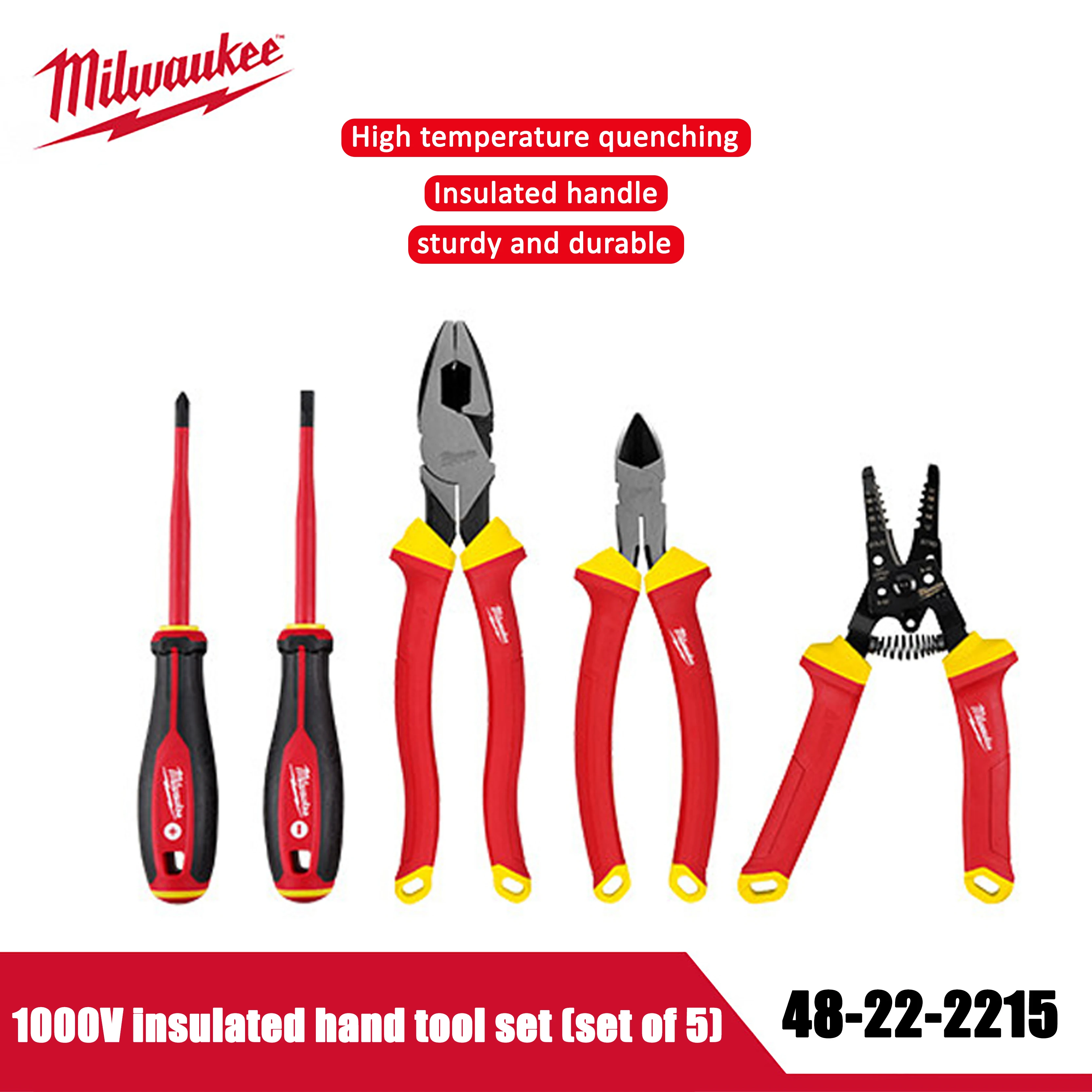 Milwaukee 5-pack 1000V insulated hand tool set, electrician pliers and screwdriver set, wire cutting and repair tool 48-22-2215