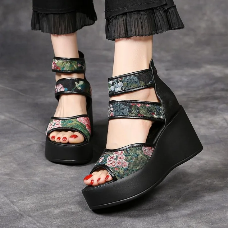 Ethnic Style High-heeled Sandals Women, 2026 Summer New Hand Embroidered Flower Thick Sole, Sloping Heel, Hollow Women's Shoes
