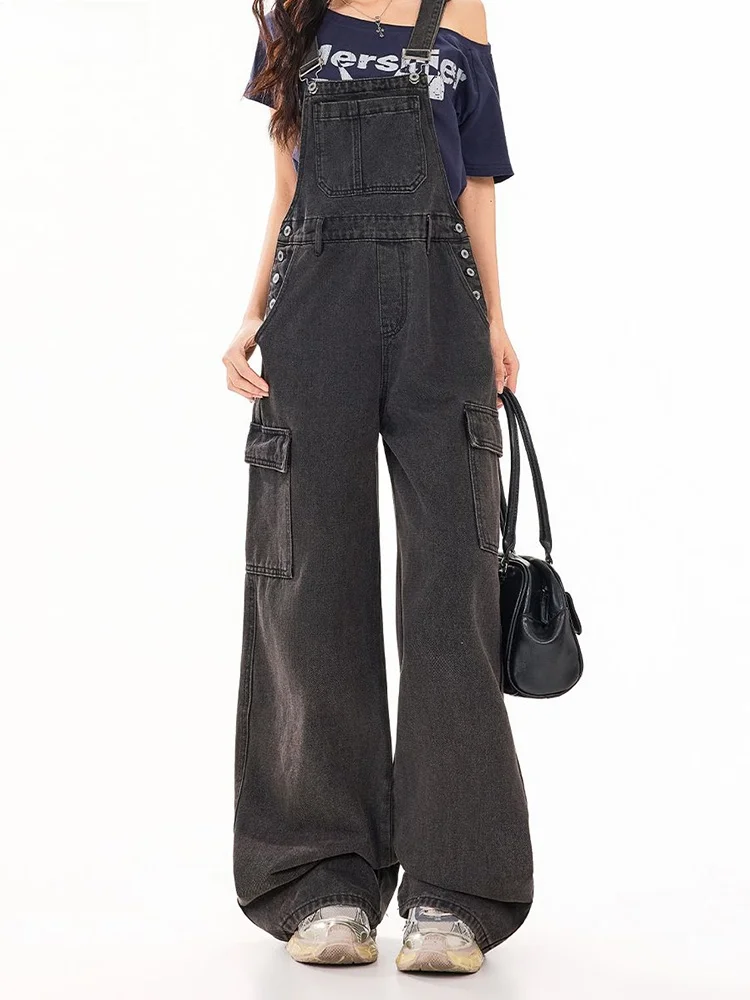 

Retro Workwear Denim Overalls Women's Loose Wide Leg Jumpsuit Spring Summer Small Size Slimming High Waist Zipper Closure
