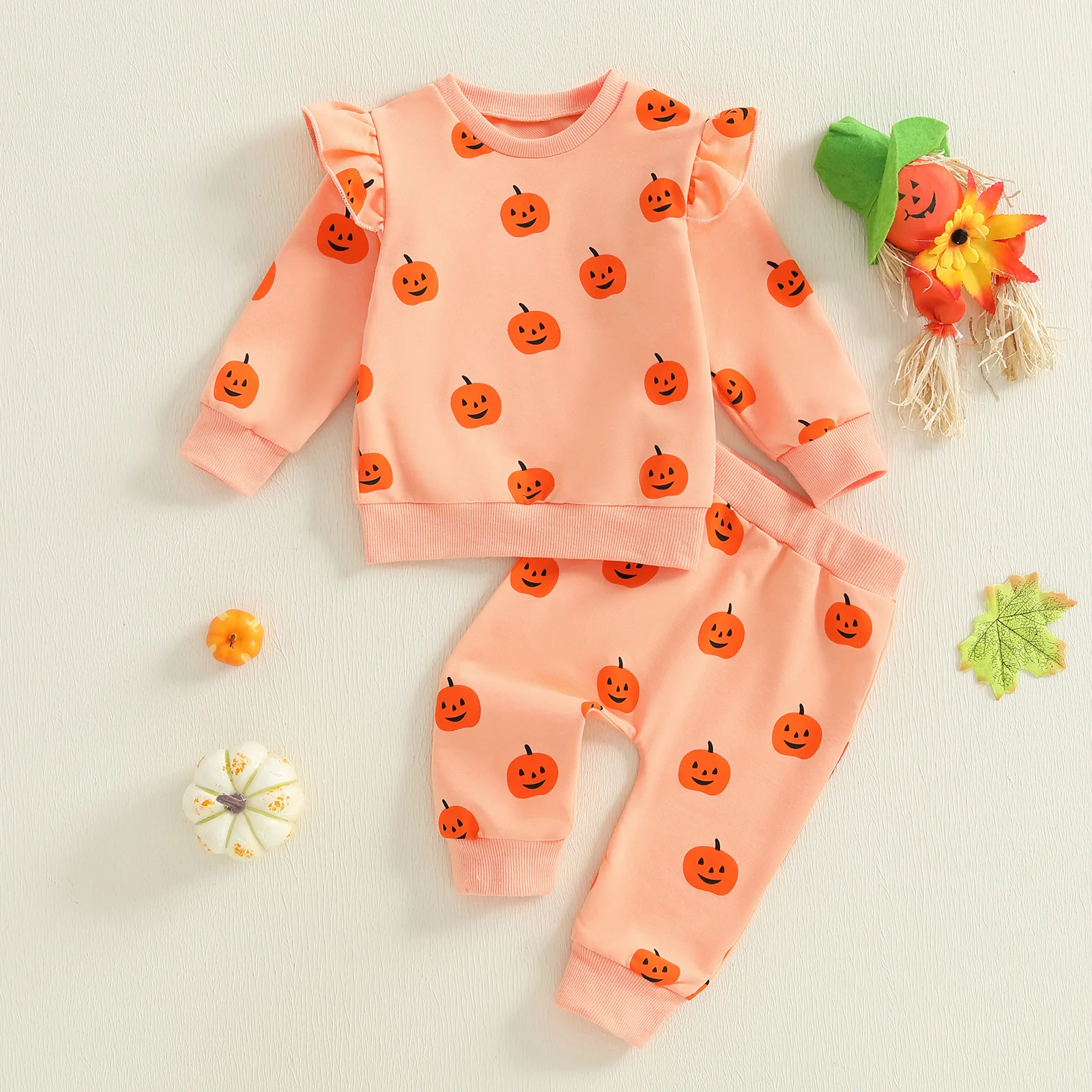 

Toddler Baby Girl Halloween Outfit Pumpkin Print Ruffle Trim Long Sleeve Sweatshirt WIRH Elastic Waist Pants 2Pcs Clothes Sets