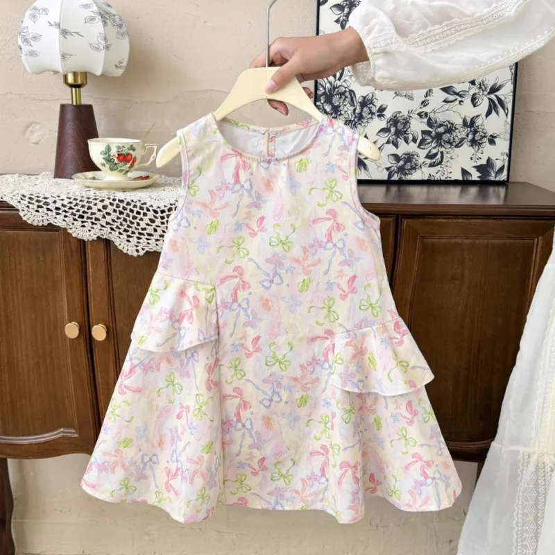 

Girls' floral print tank top dress2026New Summer Dress for Children and Babies, Dreamy Sweet Bow Princess Dress