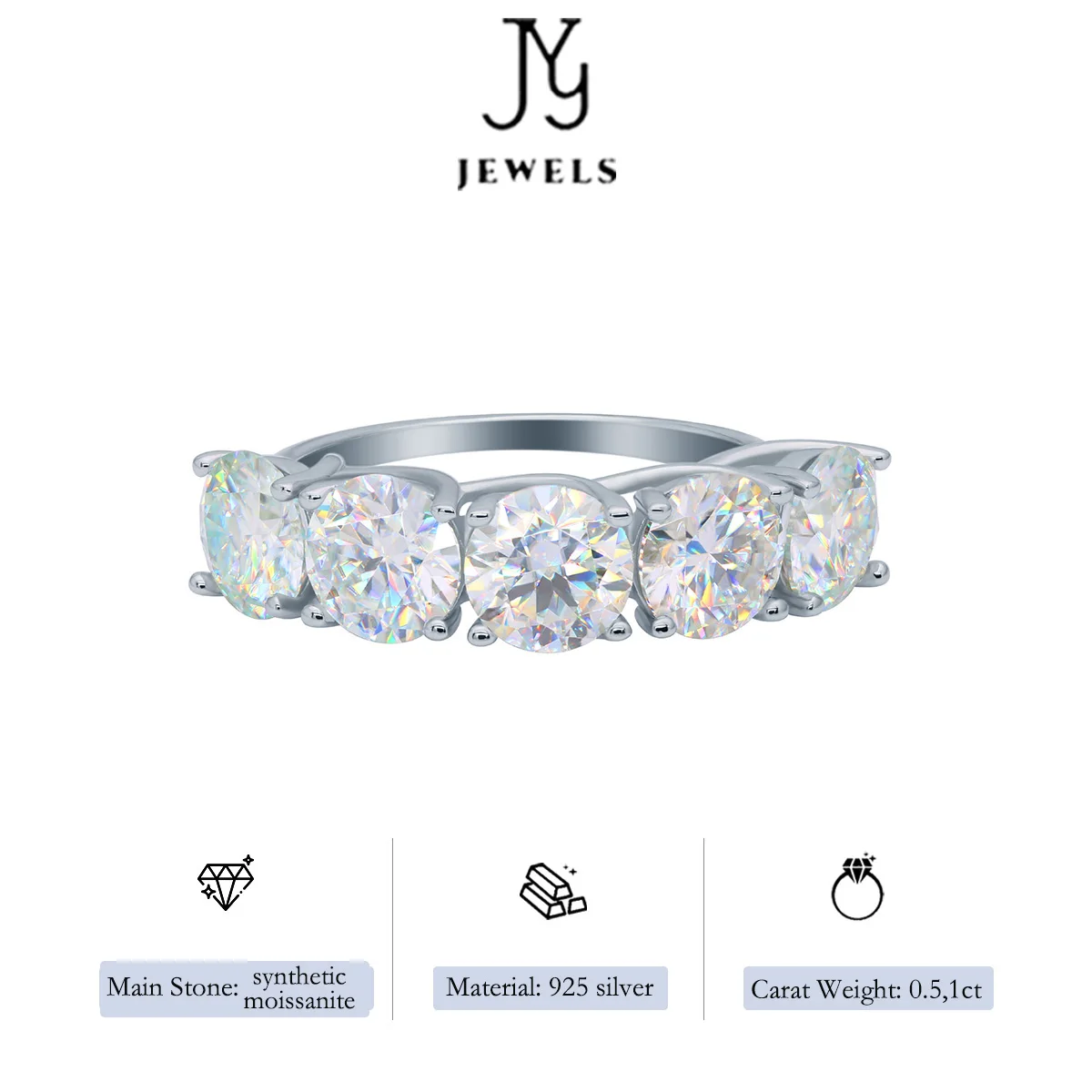 [JYJZZ172] Synthetic Moissanite S925 Sterling Silver Total Ring 2.5, 5 CT , Single Stone 0.5, 1 CT Row Ring Closed Mouth Light L