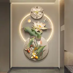 Lotus koi porch decorative painting clock hanging painting light luxury high-end corridor aisle end nine fish picture wall clock