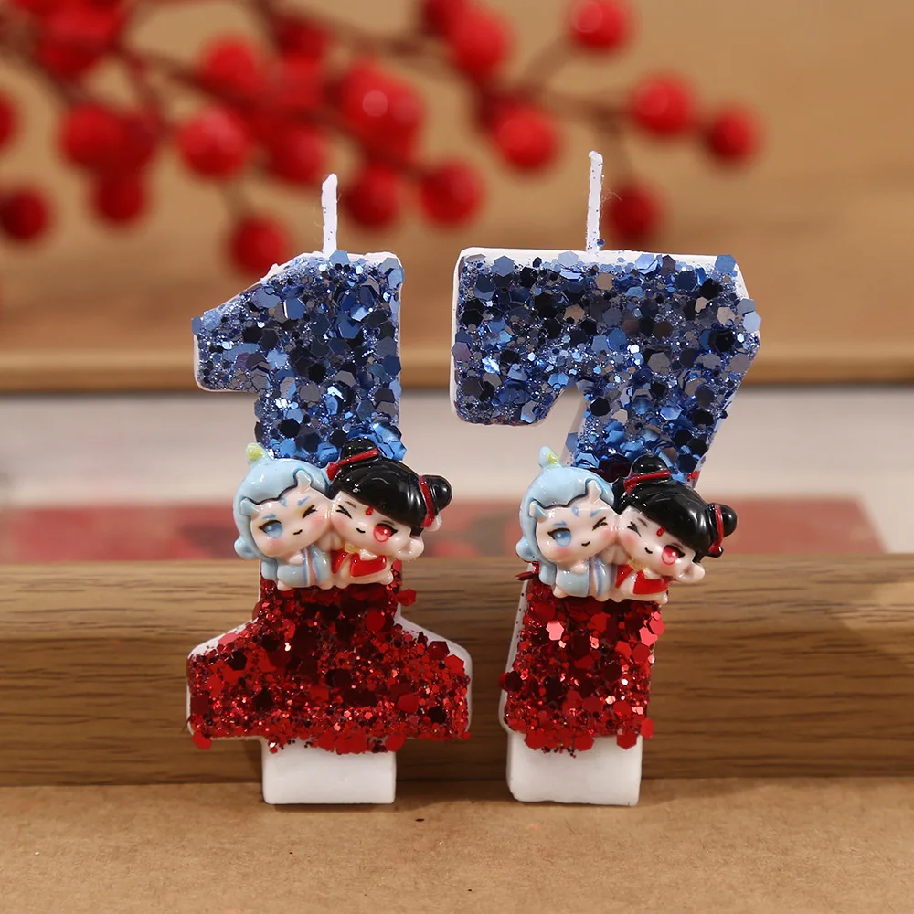 Cartoon Animation 0-9 Digital Candles, Red And Blue Color-blocked Sequins Birthday Candles, Desserts Cakes Atmosphere  Plugins