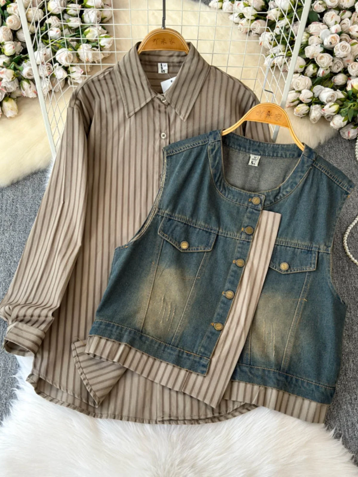 

Slimming Slim Fit Long Sve Denim Patchwork irt Women's Faion Set Autumn Winter plus Size Design Sense Fake Two-Piece Top