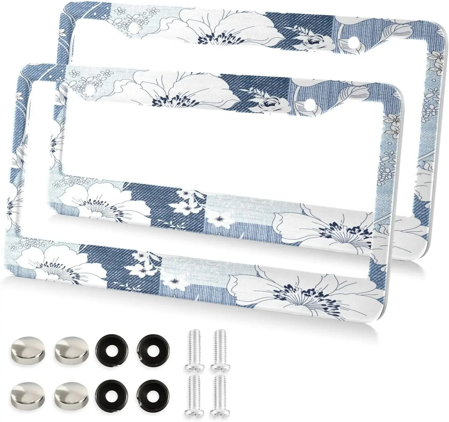 

Blue Flowers Painting Tile License Plate Frame 2 Pack License Plate with 2 Holes Car Tag Frame for Women Men US Vehicles
