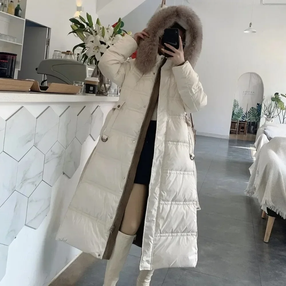 Veste ample en duvet de canard blanc en vraie fourrure européenne, manteau à la mode pour femme, manteau à col en fourrure de renard, hiver 2024