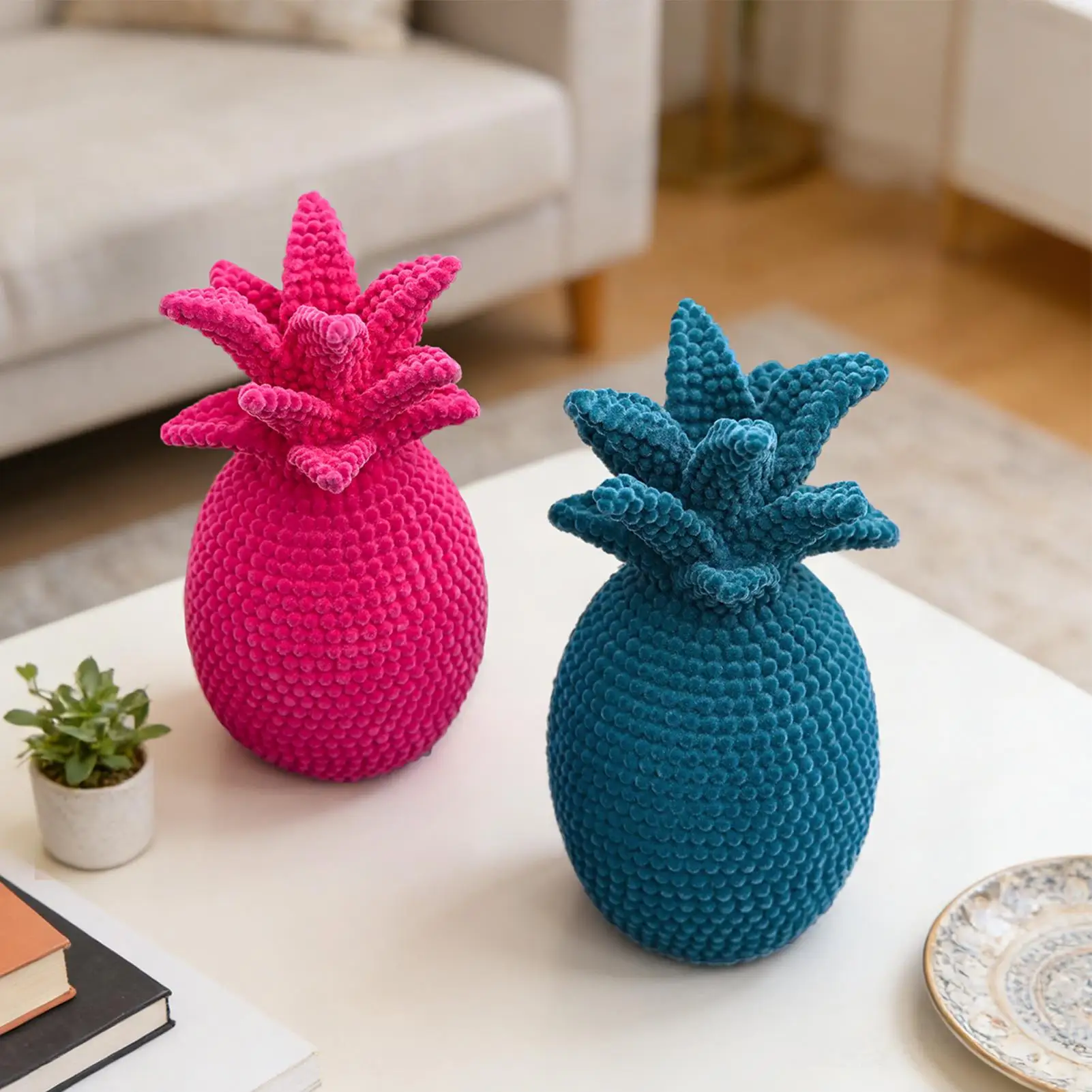 Flocked Pineapple Sculpture 9.3 Inch Tabletop Decor Modern Home Ornament for Living Room Shelf Workplace Holiday Party Gift