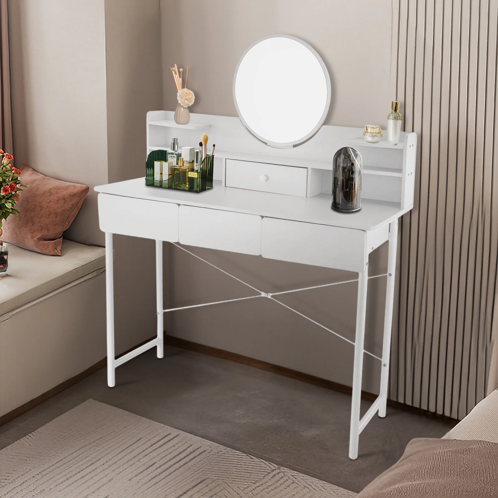 

Vanity Dressing Table Makeup Drawer Modern Dresser with 3-Drawers and 1 Door White