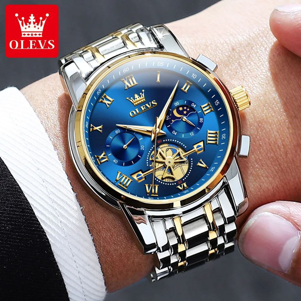 OLEVS Moon Phase Watch for Men Original Roman Dial High Quality Stainless steel Multi-function Wristwatch Luxury Brand Watch Men