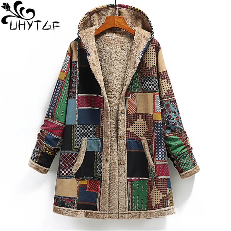 

UHYTGF Tweed Jacket For Women Luxury Cotton Linen Printed Hoodie Coat Female Plush Warm Winter Jacket Ladies Outerwear 5XL 2739