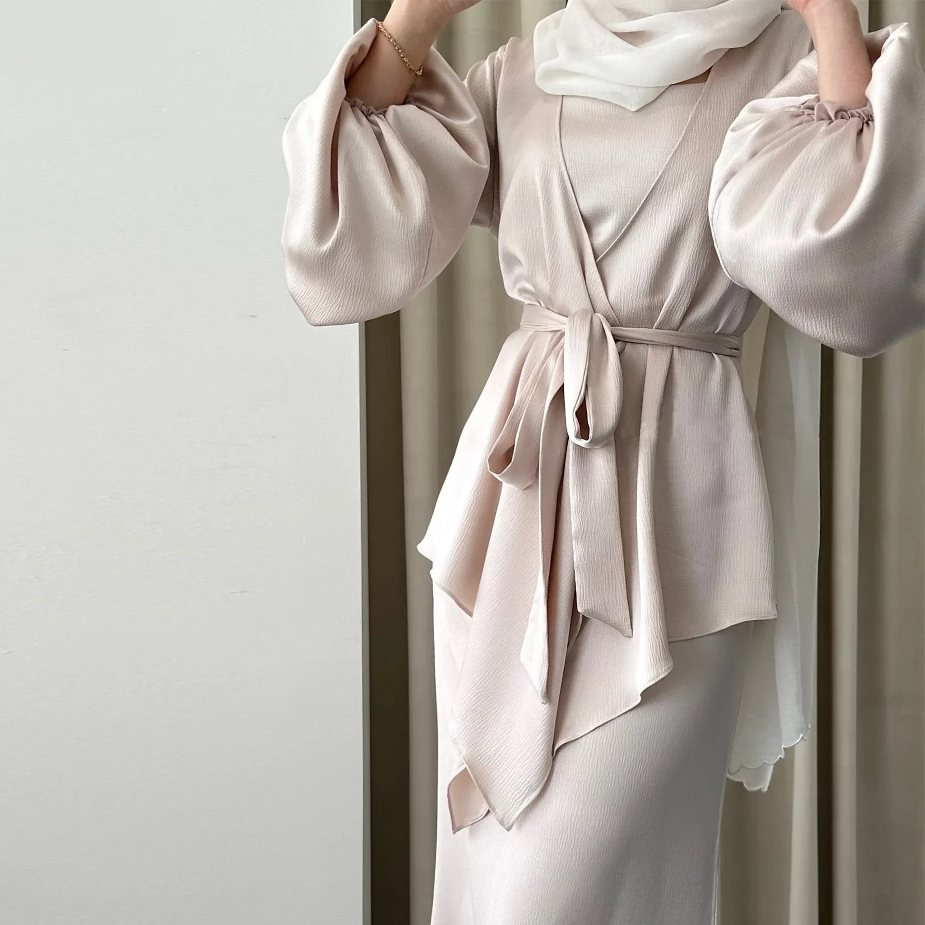 Eid Dubai Satin 2 pièces ensemble Abaya femmes musulmanes ouvert Kimono manteau Maxi Robe correspondant costume Islam vêtements caftan tenues Robe arabe