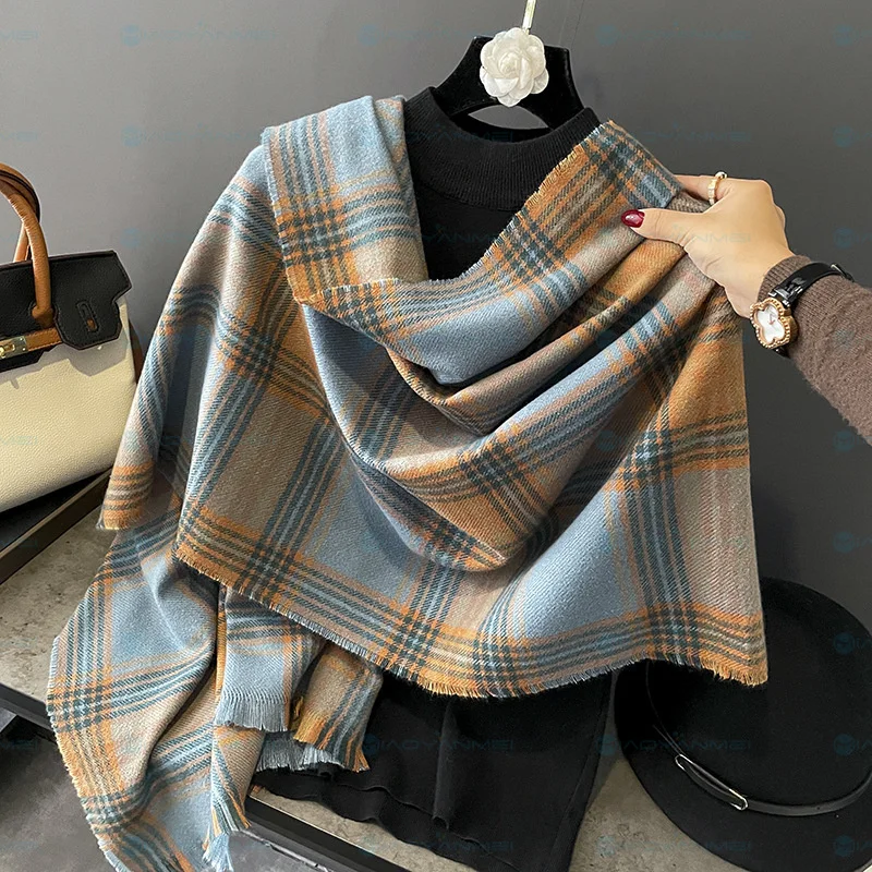 

2024 Winter Elegant Women's Scarf Korean Design Imitation Cashmere Scarf Ins Style Women's Checkered Warm Thick Scarf 180*86cm