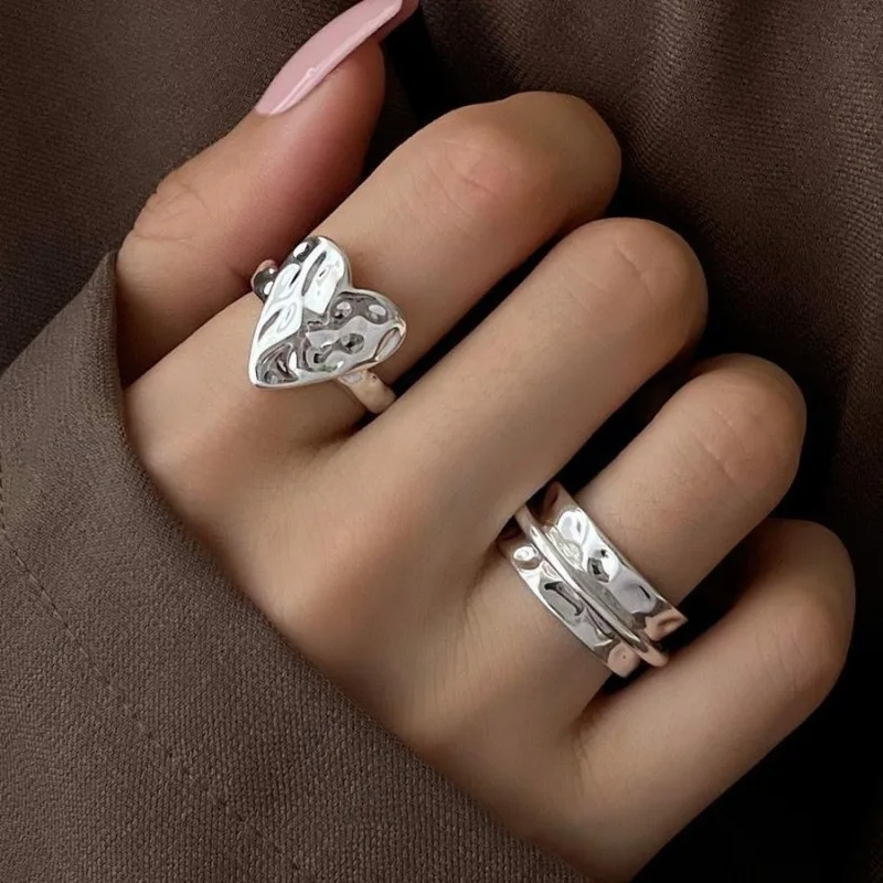 925 Sterling Silver Open Finger Ring Punk Heart Irregular Geometric Stackable For Women Girl Jewelry Gift Dropship Wholesale