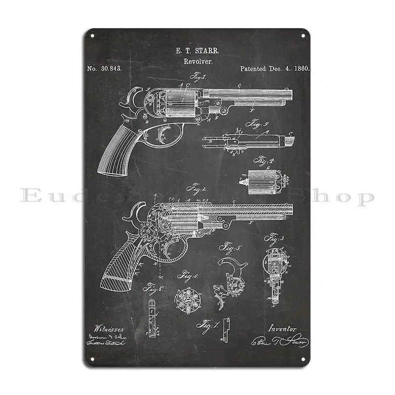 Western Revolver Patent Antique Firearm Art Black Chalkboard Metal Plaque Party Cinema Wall Plaque Designing Tin Sign Poster
