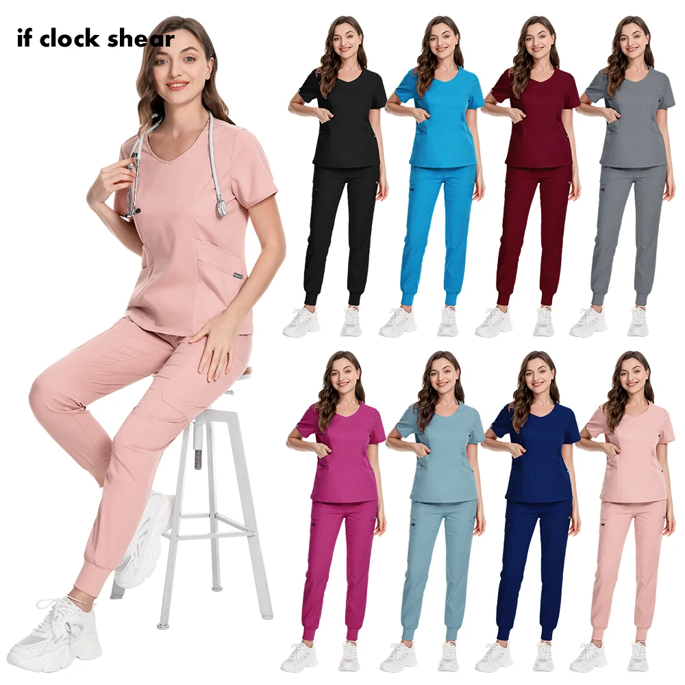 

Multicolor Doctor Surgery Set Scrub Uniform Women Solid Color Work Suits Stretch Fabric Nursing Workwear V Neck Tops&Jogger Pant