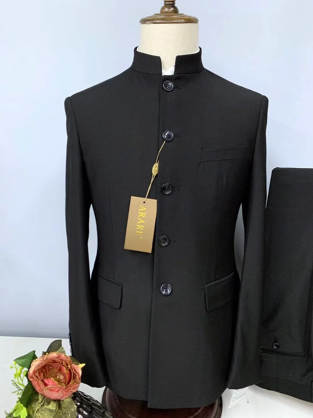 

H525 Zhongshan collar suit men's business wedding groom stand collar slim Tang suit solid color suit two piece suit men