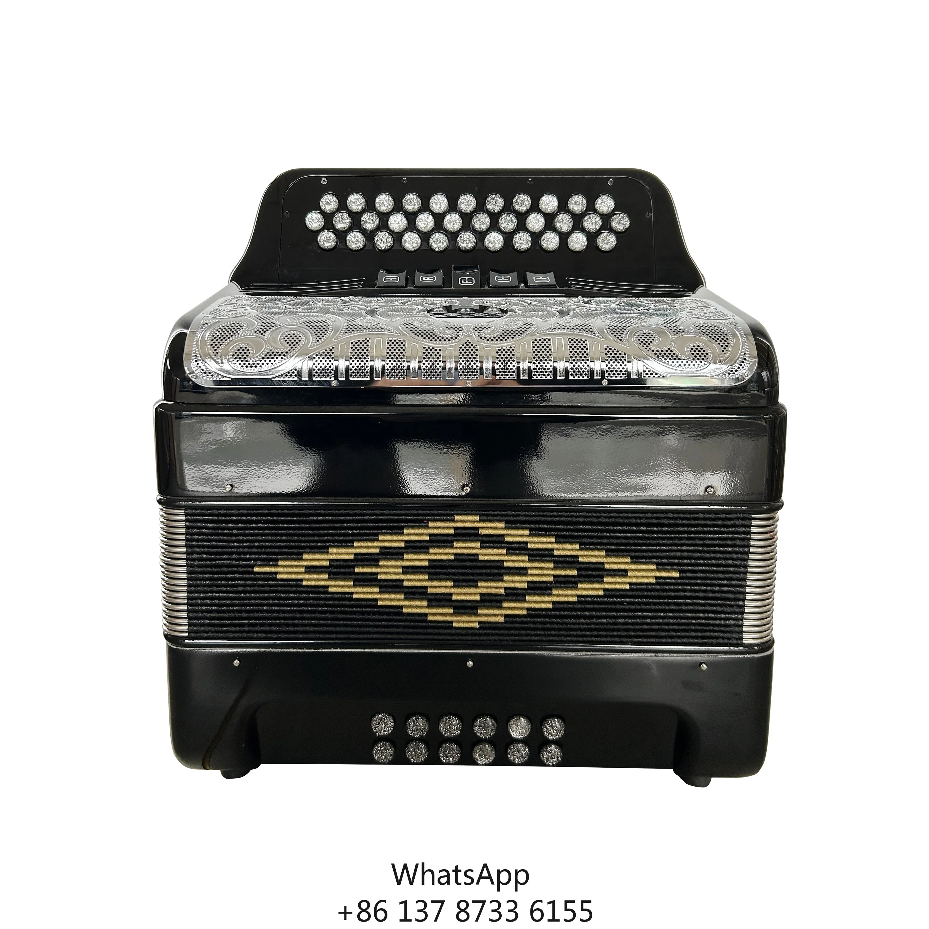 

Professional JB3412D Accordion 34 Buttons 12 Bass 5 Registers Diatonic With Bright Black Silver Grill Silver Buttons