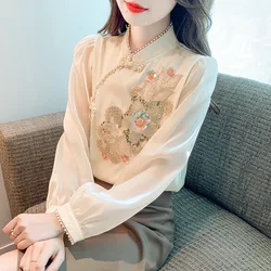 #2553 Spring Retro Chiffon Blouse Women Stand Collar Irregular Blouse Femme Long Sleeve Split Joint Sequined Flower France Style