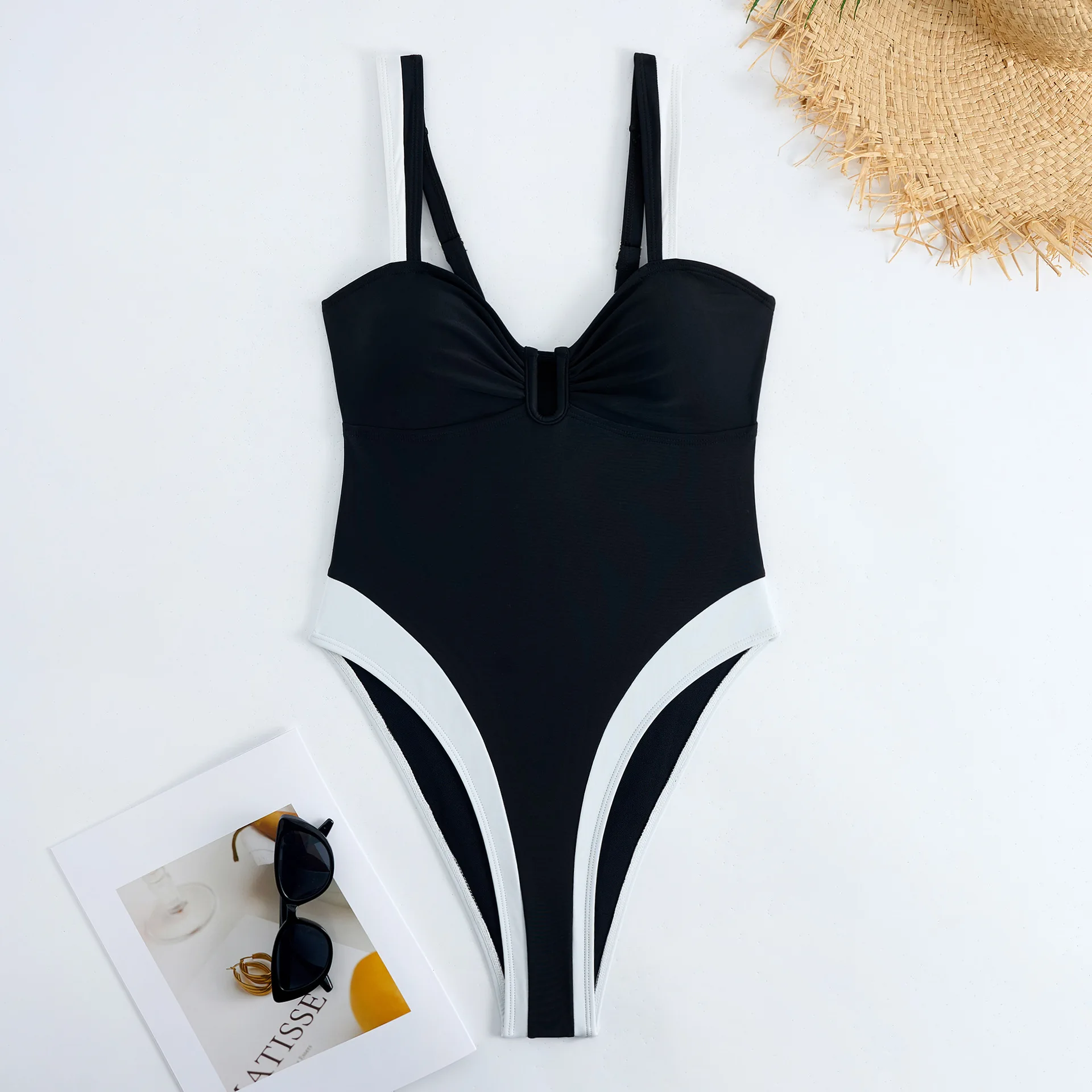 2025 Ruched Halter Swimsuit One Piece Swimwear Women Sexy Bathers Black White Bathing Swimming Swim Suit Female U Cut Beachwear