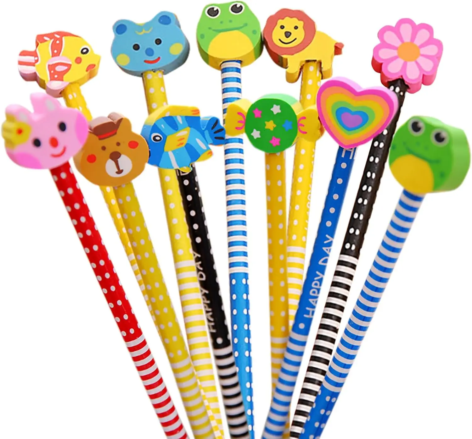

12 Assorted Cartoon Stripe Colored Wooden Pencils for School Supplies, Prize Gifts (Animal Fruits)