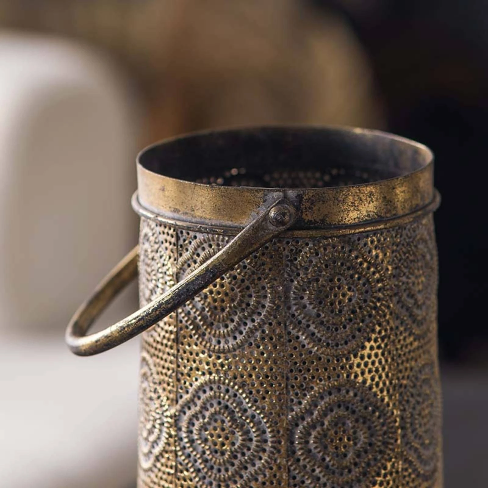 Metal Lantern with Handle Cylindrical Candle Lantern Decor Rustic Moroccan for Table, Shelf