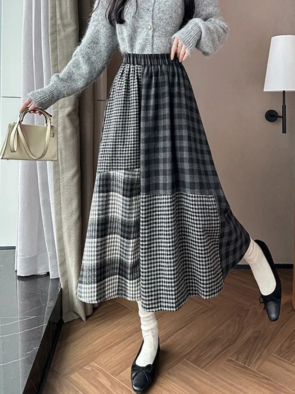 

Длинная юбка из шерсти в клетку с высокой талией для женщин, осенне-зимняя, винтажная, омолаживающая, стройнящая, с асимметричным эластичным поясом