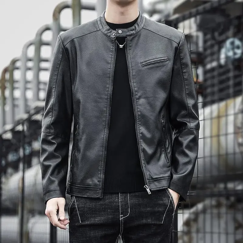 

2023 New Top Leather Jacket PU Soft Leather Men's Autumn and Winter Light Business Casual Stand Neck Simple Versatile Jacket