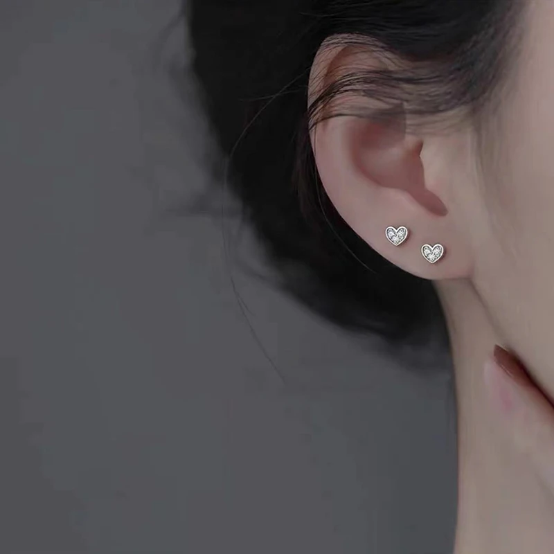Silver Color Zircon Hollow Heart Mini Stud Earrings For Women Trendy Fine Jewelry Small Niche Luxury Accessories view 6