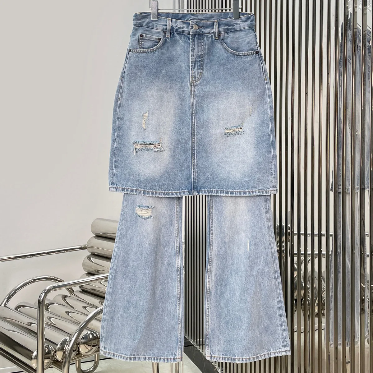 High Quality Women 2 In 1 Denim Pants Ripped Layered Skirt Front Flare Jeans Vintage Washed lyt133410