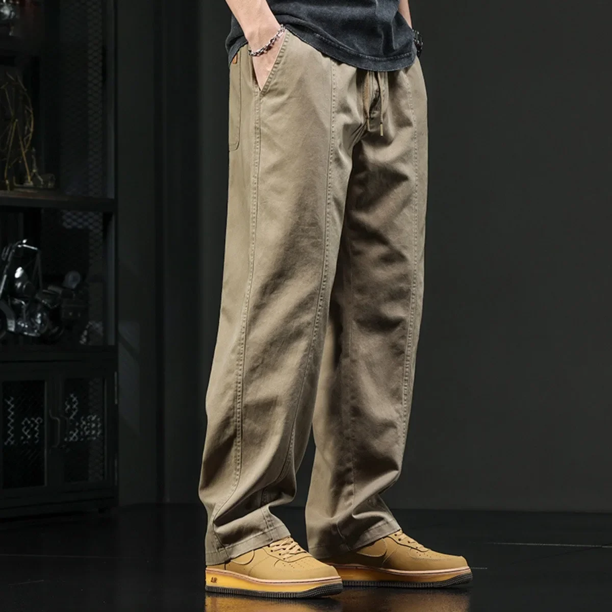 2026 in Spring Summer Casual Pants Retro Straight Wide Leg Trouser Drawstring Solid Color Male Trendy Baggy Fashion Loose Fit
