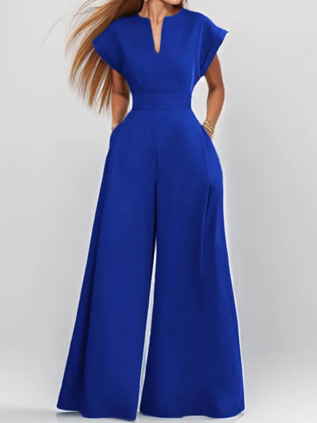 

Loose Fashion Short Sleeve V-Neck Color Wide Leg Jumpsuit High Waist Long Pants Commute Style Autumn Collection China