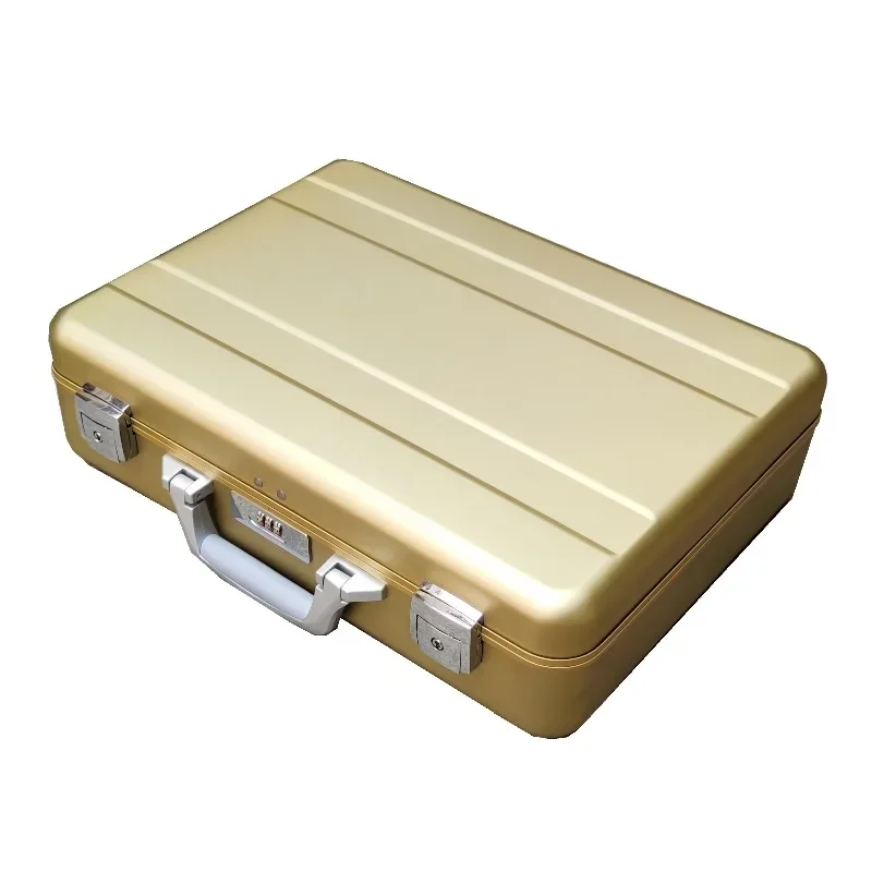 Gold aluminum alloy briefcase portable metal storage box compartment characteristic leather plastic