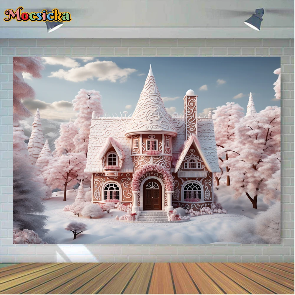 Mocsicka Winter Christmas Photography Background Pink Cottage Xmas Wreath Holiday Party Family Photo Backdrops Studio