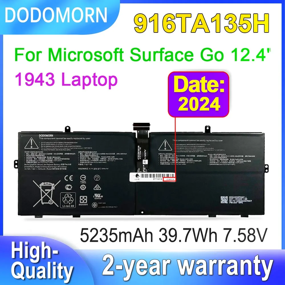 

DODOMORN 916TA135H For Microsoft Surface Go 12.4" 1943 Series Laptop Battery DYNZ02 DYNAPACK 7.58V 39.7Wh 5235mAh Rechargeable