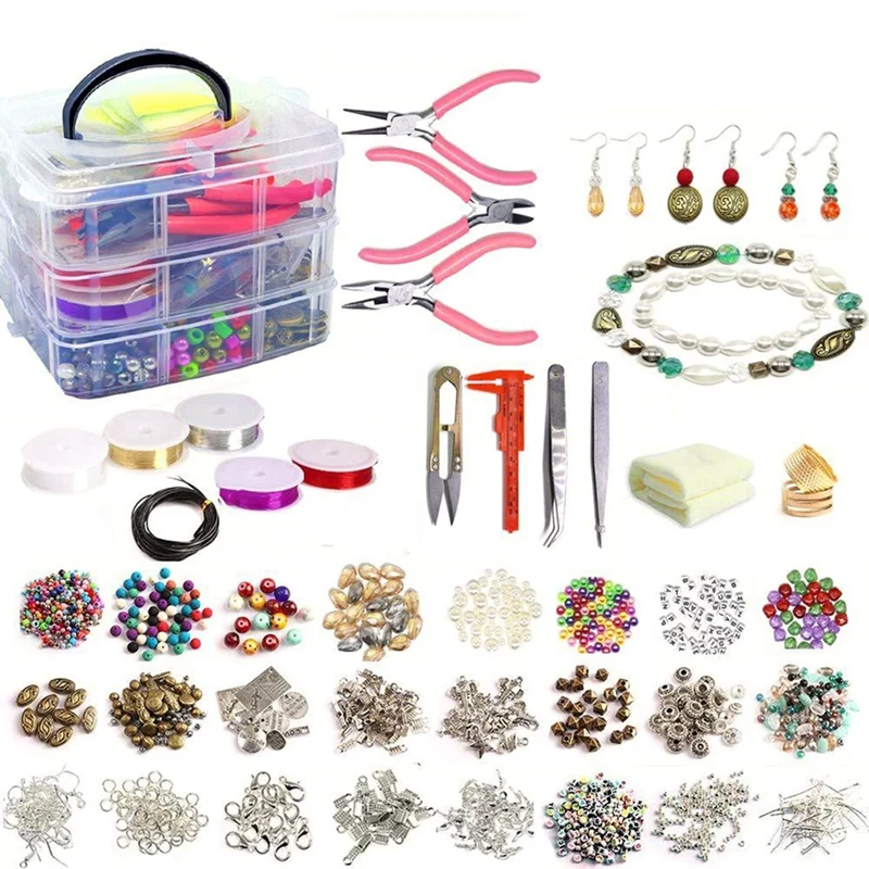 

1200Pc Three-Tier Boxed Accessories DIY Bracelet Necklace Material Jewelry Accessories Pink Pliers