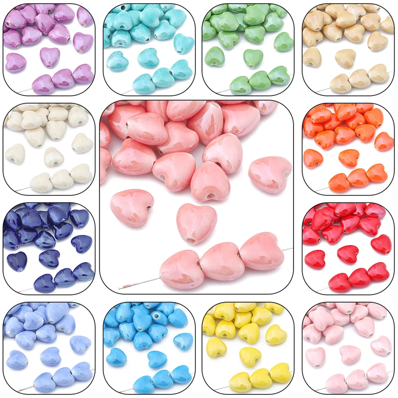 10Pc 10x10mm Colorful Heart Shape Ceramic Beads Porcelain Spacer Beads for Bracelet Necklace Earring DIY Jewerlry Craft Making