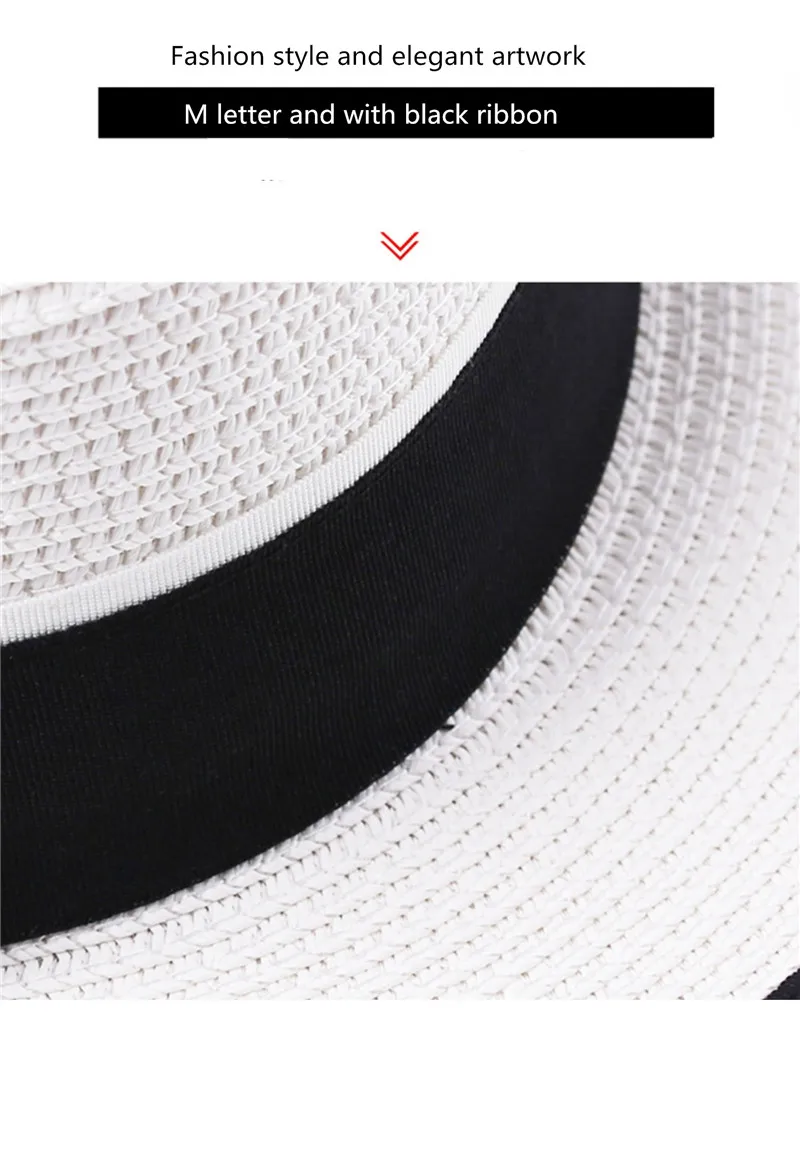 Sommer Outdoor M-Buchstabe Strass Flacher Rand Sonnenhüte Sommer Damen Bowler Hut Strohkappe für Reisen und Einkaufen – Detail 25