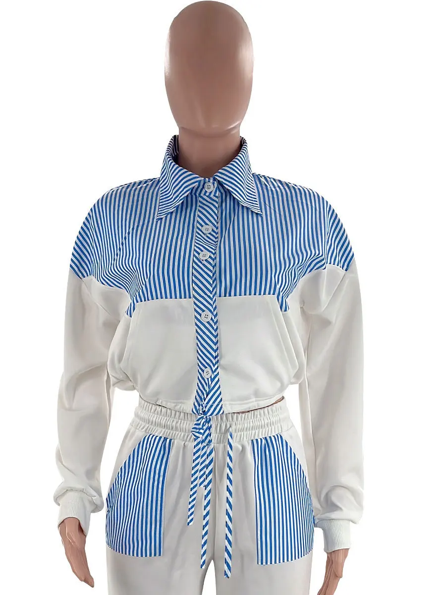 Set Celana Wanita Dua Potong Set Kemeja Cocok Kerah Lipat Bergaris Atasan Kemeja Celana Panjang Kaki Lebar Pinggang Tinggi Kasual Longgar